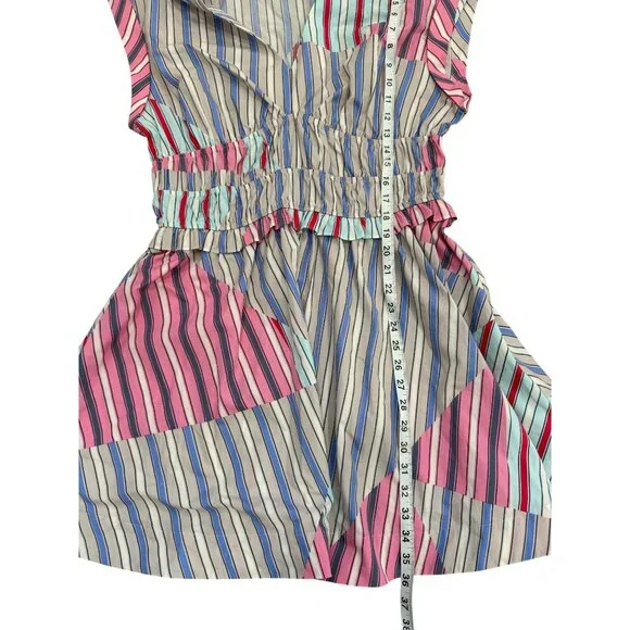 Anthropologie V-Neck Striped A-Line Mini Dress Elastic-Waist Cotton Women Size L - Picture 7 of 8